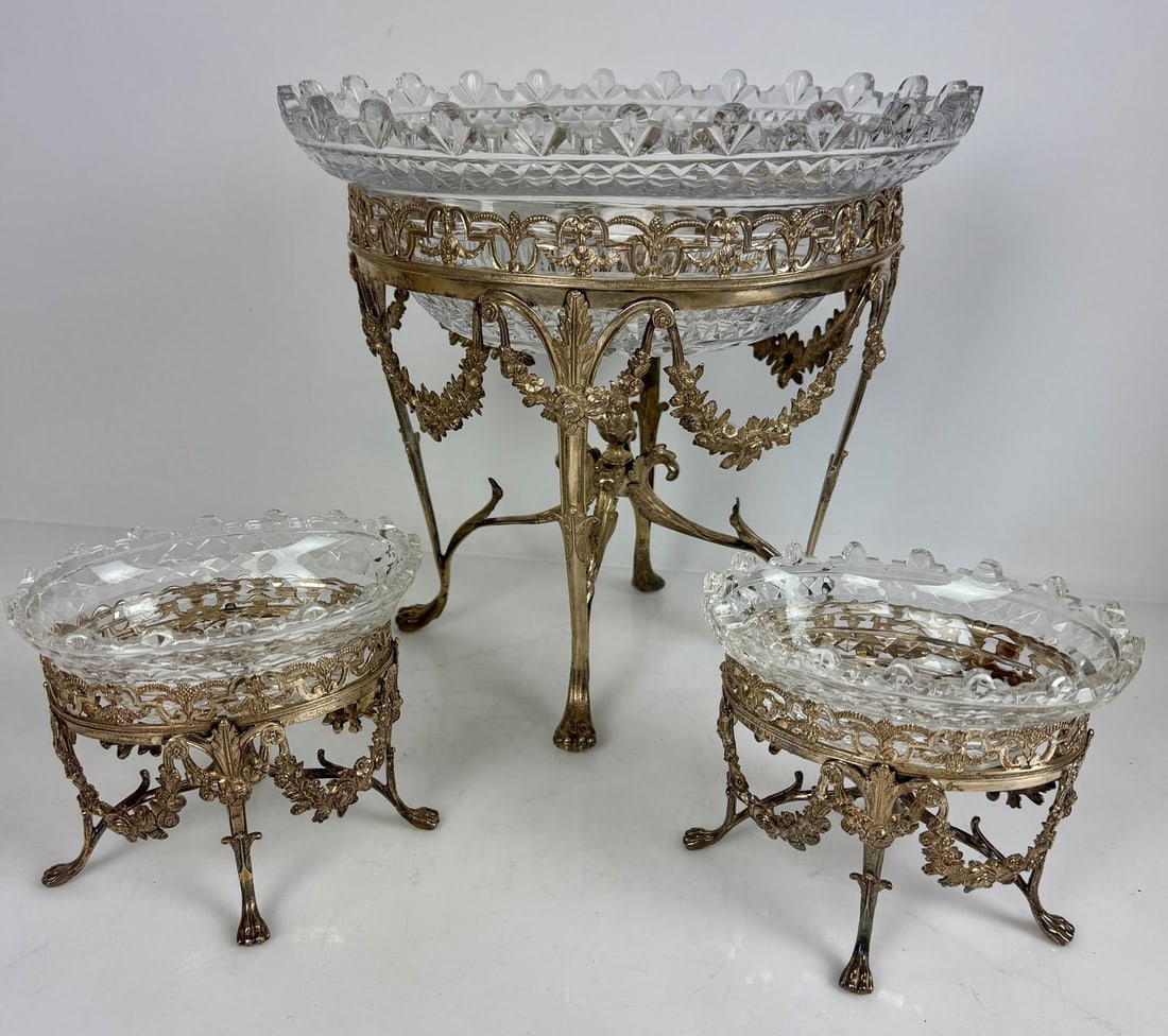 VICTORIAN SILVER AND CRYSTAL 3 PIECE BOWLS: Largest bowl measures 12 inches x8.5 inches x 12 inches h. All in excellent condition. Weigh 2100 grams. Estimate $6000-8000
