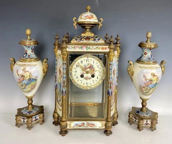 19TH C. FRENCHE SEVRES PORCELAIN AND CHAMPLEVE ENAMEL CLOCK SET