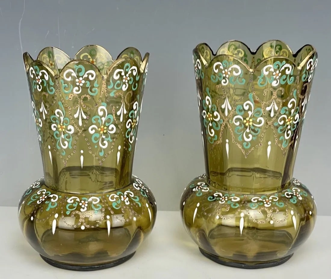 A PAIR OF ENAMELED MOSER VASES: Circa 1900. Measure 6.8 inches tall. In good antique condition. Estimate $300-400