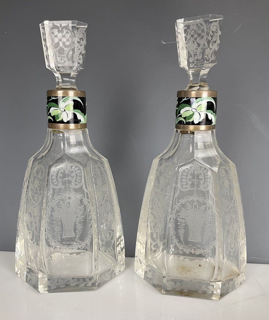 A PAIR OF ETCHED MOSER GLASS & ENAMEL PERFUME BOTTLES: Circa 1900. Measure 8.5 inches high. Good antique condition. Estimate $600-800
