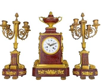 19TH C. ORMOLU AND ROUGE MARBLE CLOCK SET