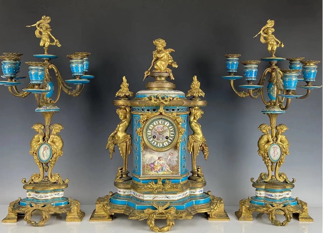 A MAGNIFICENT JEWELLED SEVRES & ORMOLU CLOCK SET (1 of 5)