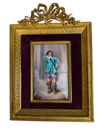 FRENCH ENAMEL HAND PAINTED PLAQUE WITH ORMOLU FRAME