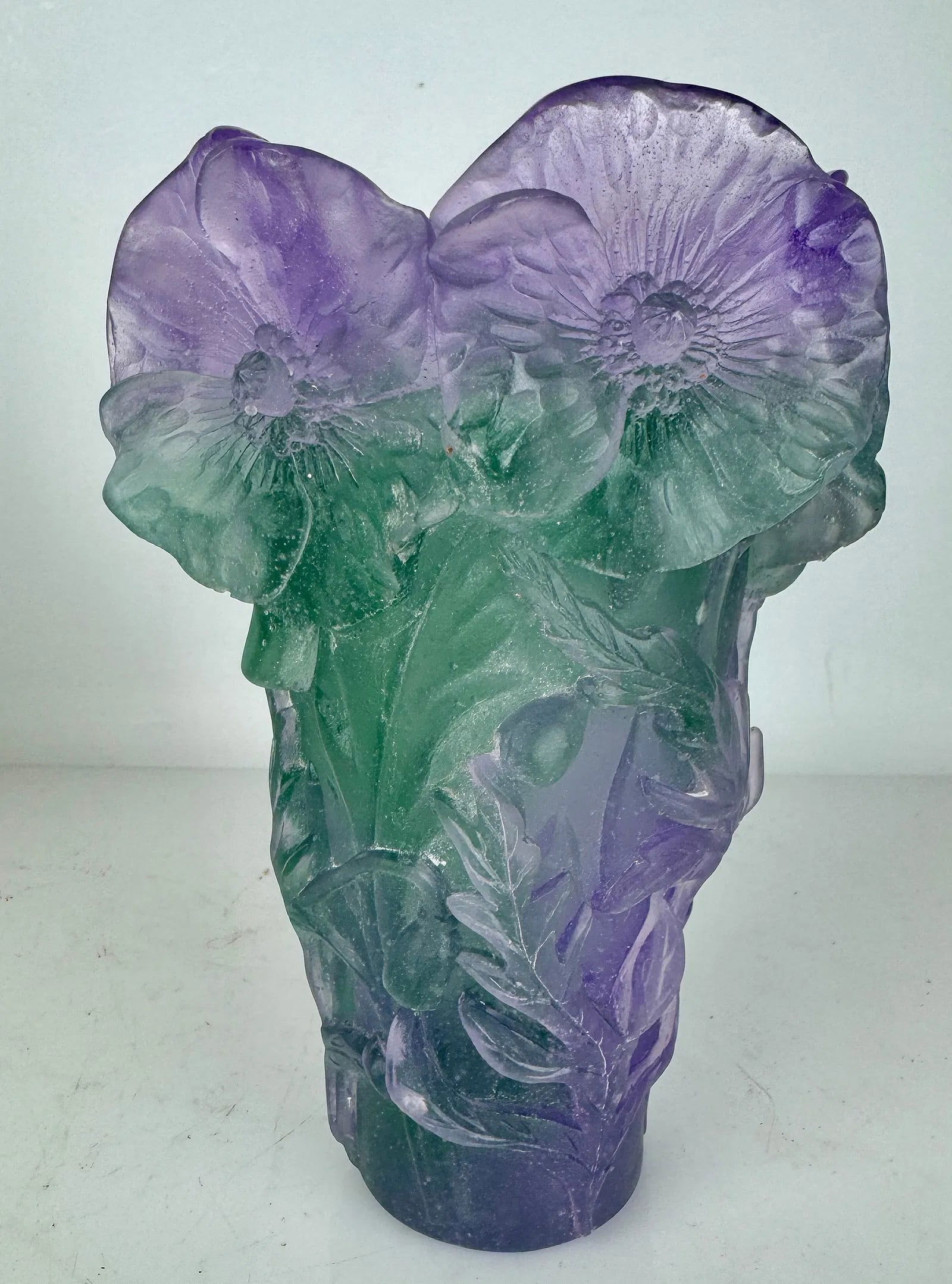 DAUM PATE DE VERRE HIBISCUS VASE: Daum Vase Moyer Modele Hibiscus , measures 7 inches high. Signed Daum France.In good condition. Estimate $1200-1500