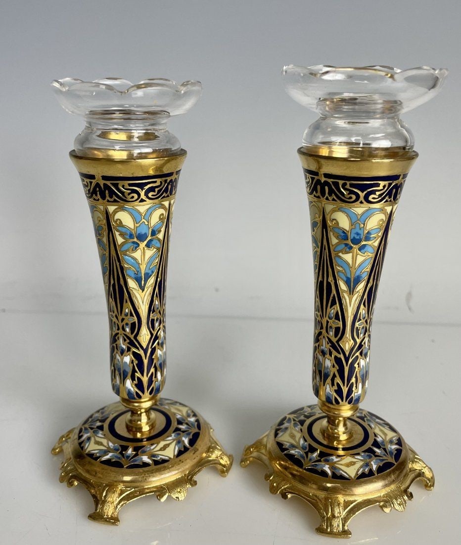 A PAIR OF FRENCH CHAMPLEVE ENAMEL & CRYSTAL VASES: Circa 1900. Measure 7 inches. Excellent condition. Estimate $800-1.000