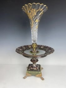 A LARGE CHAMPLEVE ENAMEL AND BACCARAT CRYSTAL CENTREPIECE