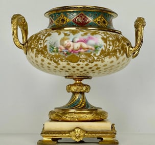 FRENCH CHAMPLEVE ENAMEL AND SEVRES PORCELAIN VASE