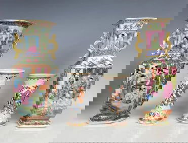 2 CHINESE ROSE CANTON PORCELAIN VASES AND 2 SAMSON VASES