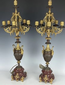 A FINE PAIR OF 19TH C. ROUGE MARBLE AND BRONZE CANDELABRA