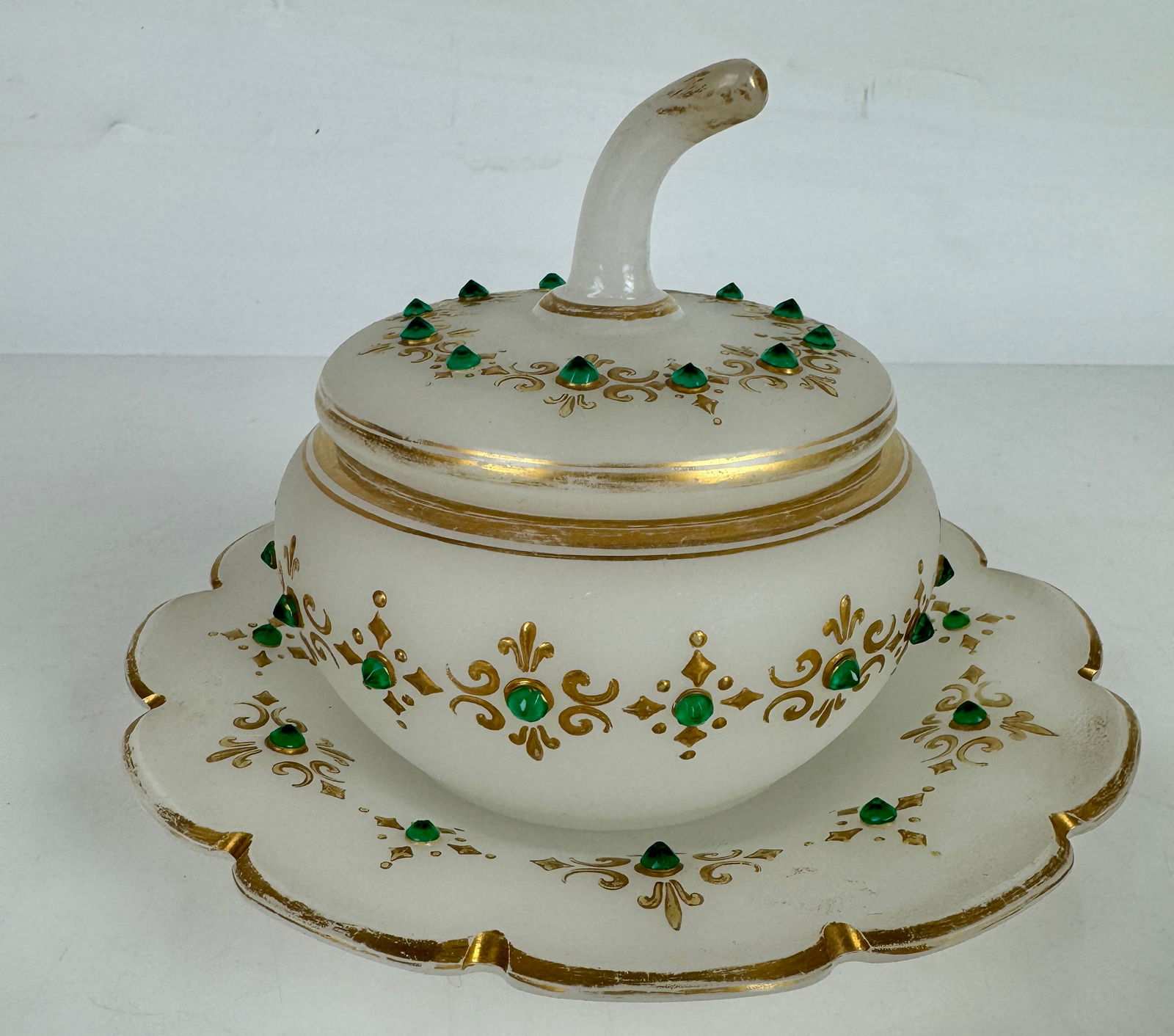 19TH C. FRENCH JEWELLED OPALINE BONBONIER AND TOP