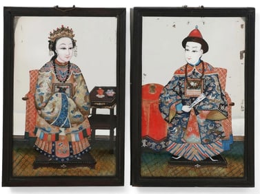 APAIR OF CHINESE REVRES PAINTED GLASS PAINTINGS
