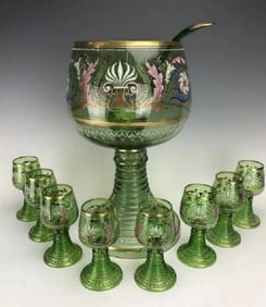 A MAGNIFICENT 19TH C. ENAMELLED MOSER PUNCH BOWL SET
