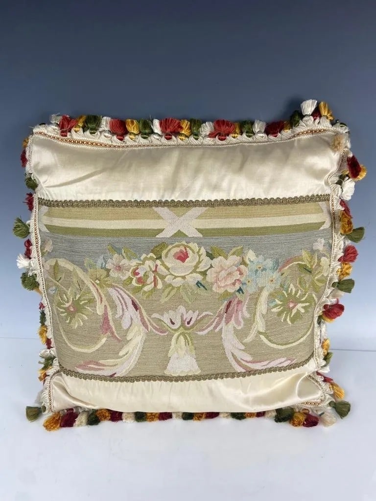 SILK AND ANTIQUE TAPESTRY PILLOW: Estimate $800-1.000