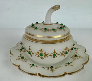 19TH C. FRENCH JEWELLED OPALINE BONBONIER AND TOP