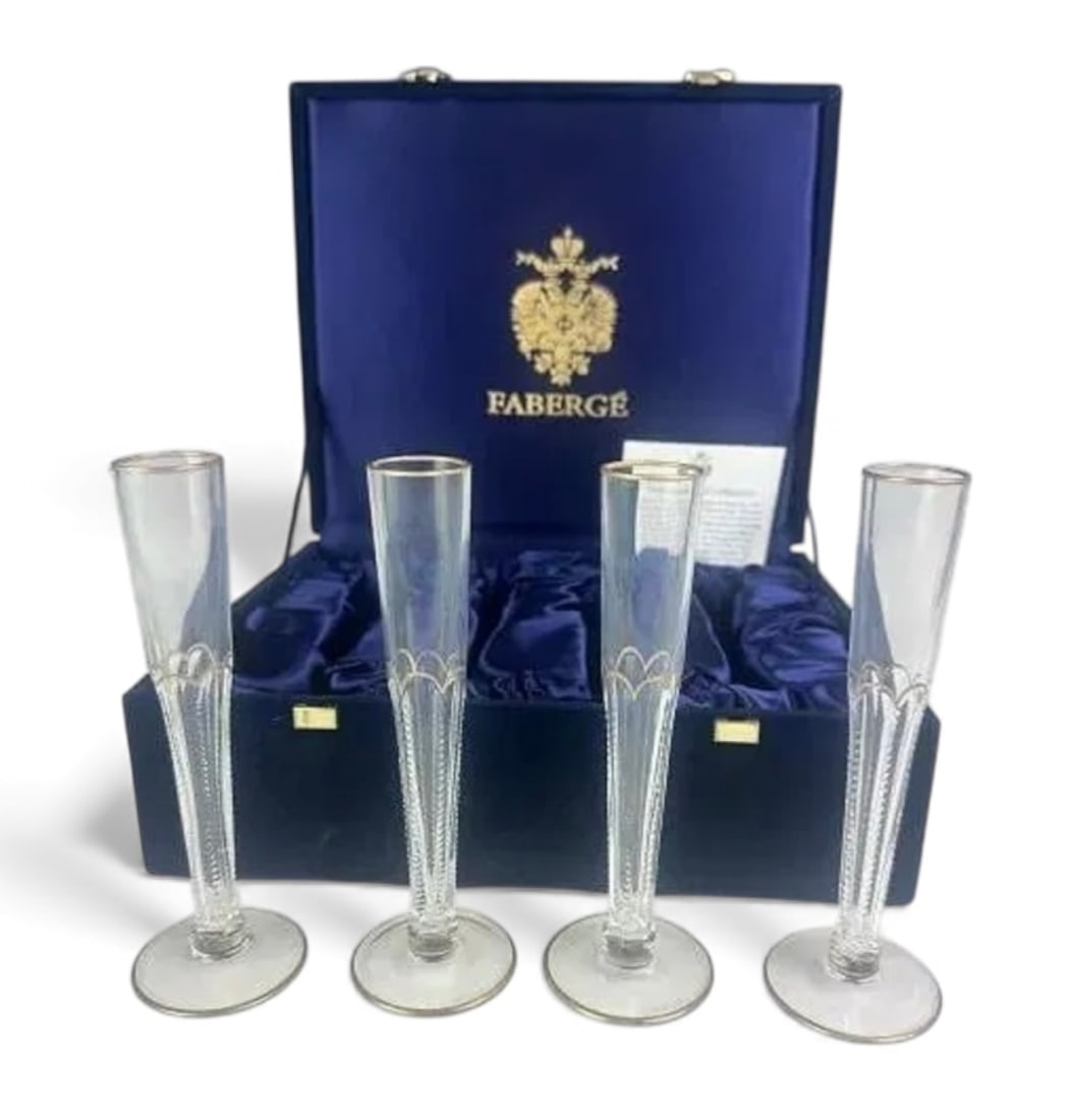 IMPERIAL FABERGE SET OF 4 CRYSTAL SHOT GLASSES: In original presentation box. In good condition. Estimate $800-1.000
