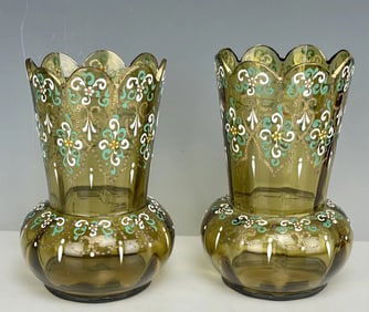A PAIR OF ENAMELED MOSER VASES