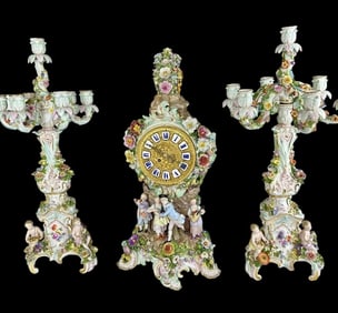 A LARGE 19TH C. MEISSEN PORCELAIN CLOCK SET