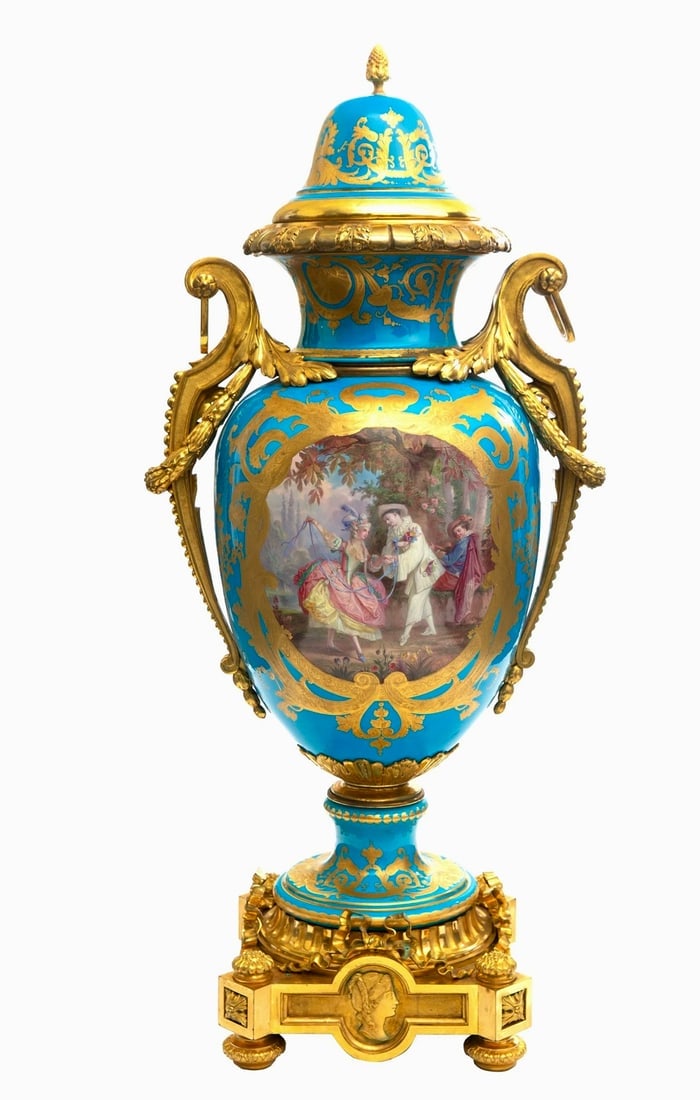 A PAIR OF MONUMENTAL FRENCH SEVRES STYLE ORMOLU-MOUNTED VASES - 2