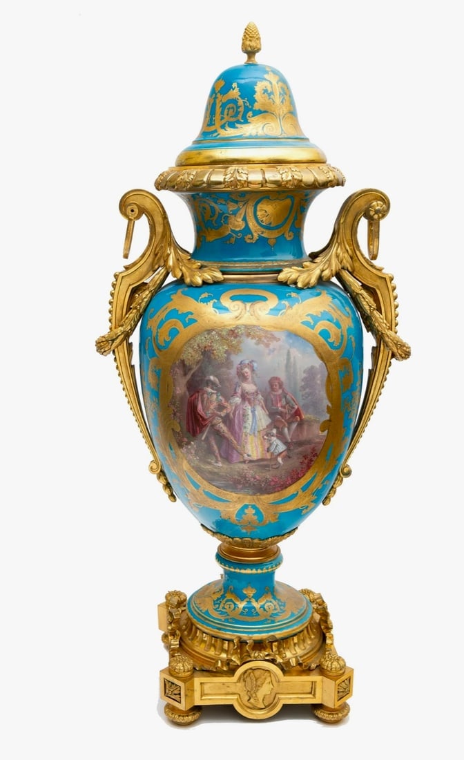 A PAIR OF MONUMENTAL FRENCH SEVRES STYLE ORMOLU-MOUNTED VASES - 4