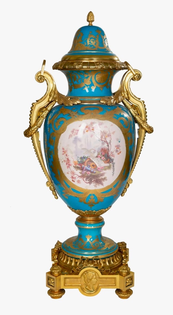 A PAIR OF MONUMENTAL FRENCH SEVRES STYLE ORMOLU-MOUNTED VASES - 5