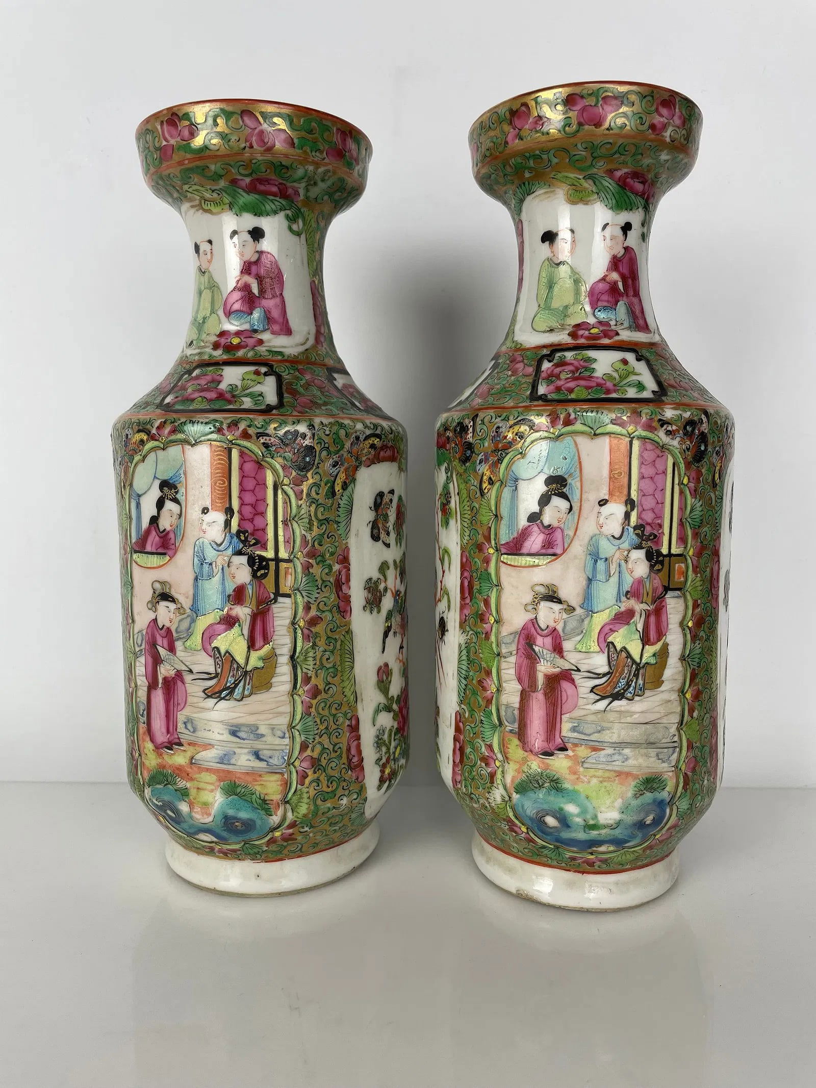 A PAIR OF 19TH C. CHINESE CANTON PORCELAIN VASES: In perfect condition. Measure 9 inches tall. Estimate $1000-1200