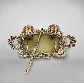 19TH C. FRENCH CHAMPLEVE ENAMEL INKWELL