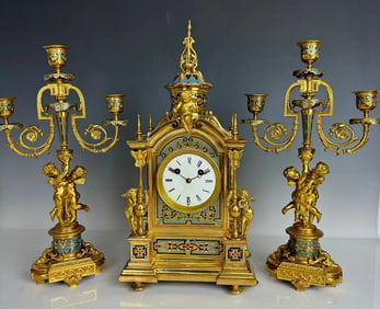 19TH C. FRENCH CHAMPLEVE ENAMEL BRONZE CLOCK SET