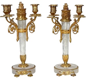 PAIR OF ORMOLU MOUNTED ROCK CRYSTAL CANDELABRA