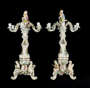 A PALATIAL PAIR OF MEISSEN PORCELAIN CANDELABRA