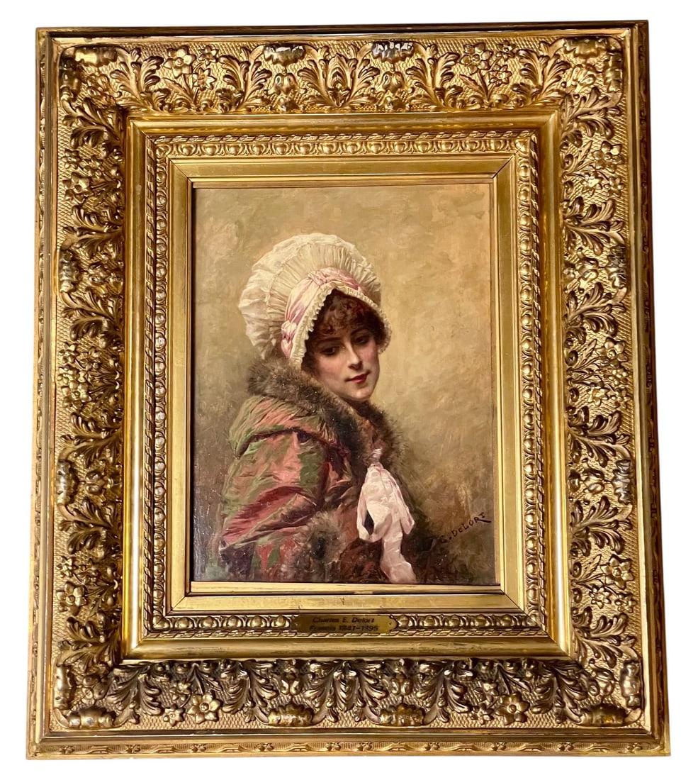 19TH C. OIL PAINTING ON PANEL SIGNED CHARLES E. DELORT: Oil painting on bord. Measures 22 inches x 19 inches framed. In very good condition. Estimate $5000-6000
