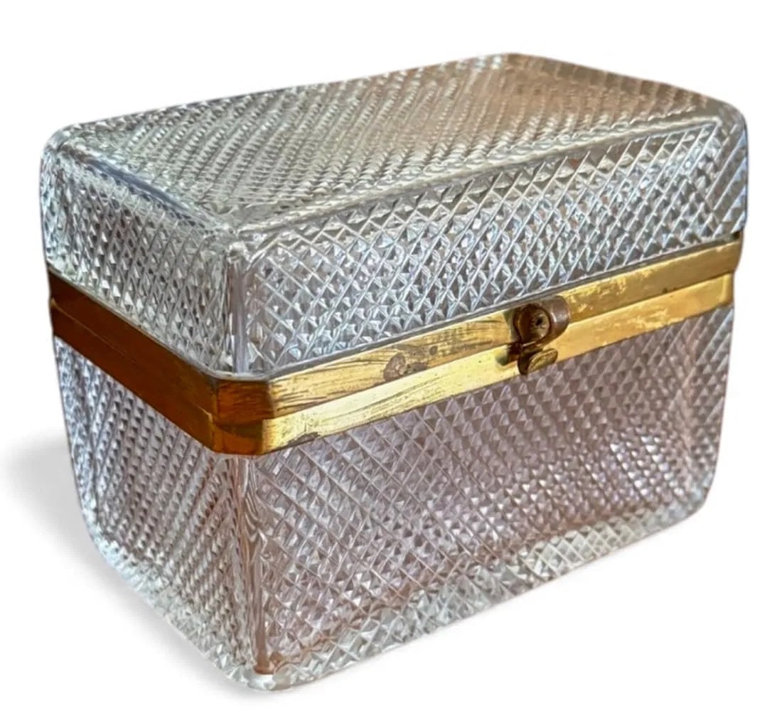 ORMOLU MOUNTED BACCARAT CRYSTAL BOX: Circa 1920. Dimensions: 5-3/8" w x 4" d x 4" h. In perfect condition. Estimate $800-1009