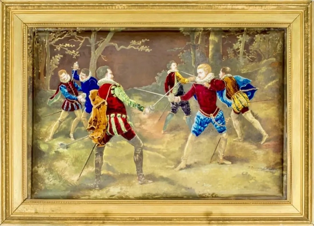 A LARGE CONTINENTAL ENAMELLED PLAQUE: Circa 1900. A Continental enameled earthenware plaque of swordsmens, signed 'R. Delaorme', Dimensions: sight 12"h x 18"w; overall 15.75"h x 21.75"w. Estimate $3.000-4.000