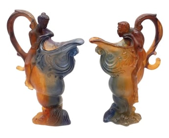 A PAIR OF DAUM PATE DE VERRE GLASS EWERS