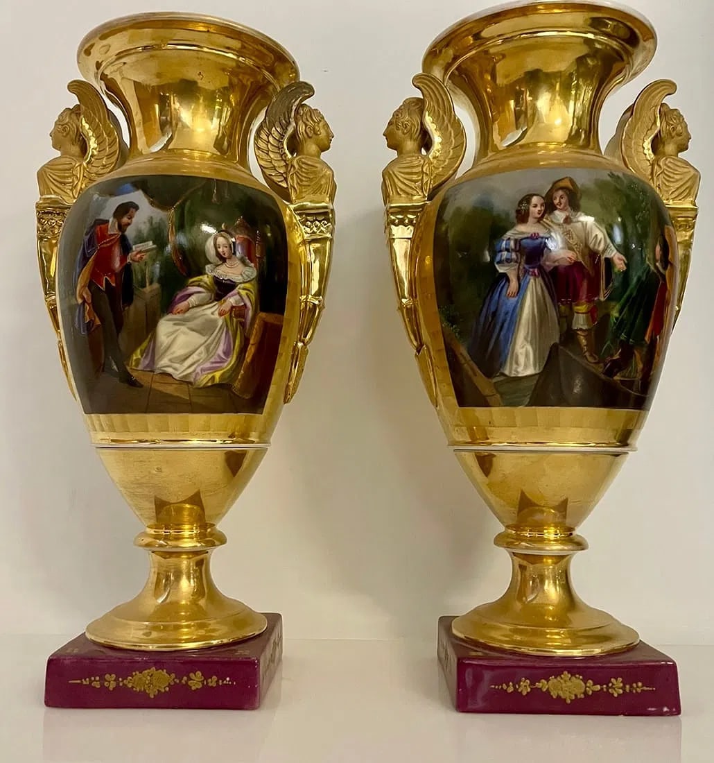 A FINE PAIR OF PARIS PORCELAIN VASES: Circa 1900. Measures 18 inches tall. In overall good condition, one vase with crack. Estimate $1200-1500