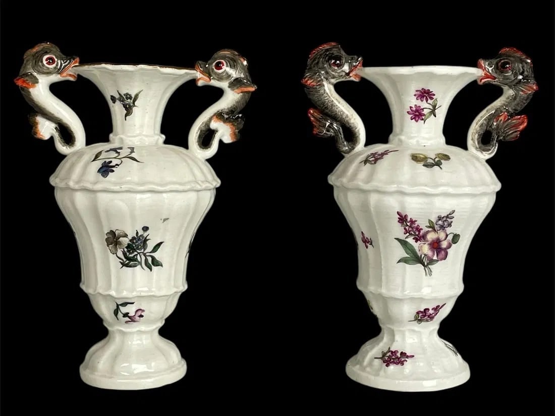 A PAIR OF 18TH C. MEISSEN VASES: Circa 1760. Measure 6 inches high. In good condition. Estimate $1500-2000
