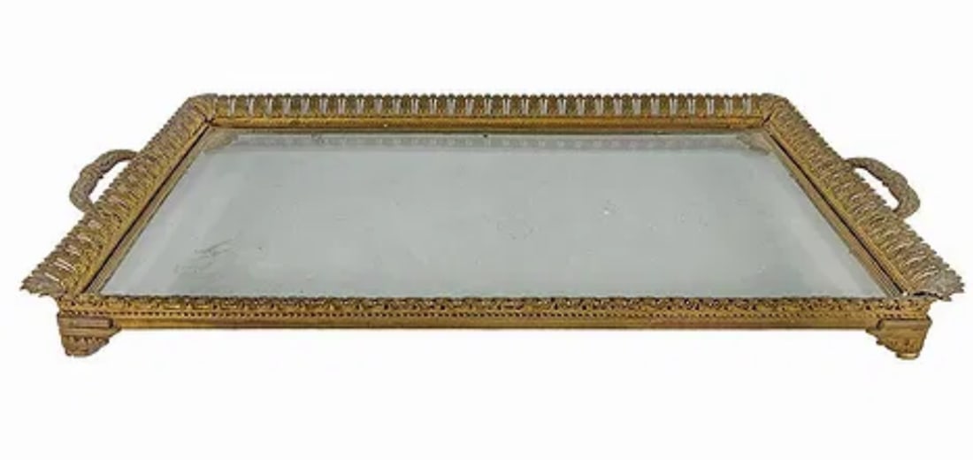 ANTIQUE FRENCH DORE BRONZE AND GLASS TRAY: Antique French bronze & glass tray. 1 5/8 H x 18 1/2 W x 9 3/4 D. . Good condition. Estimate $800-1000