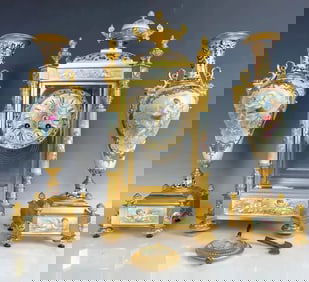 19TH C. FRENCH CHAMPLEVE ENAMEL AND SEVRES PORCELAIN CLOCK SET