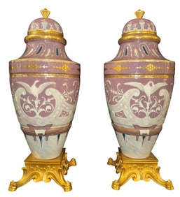 A MAGNIFICENT PAIR OF ORMOLU MOUNTED SEVRES PATE SUR PATE VASES