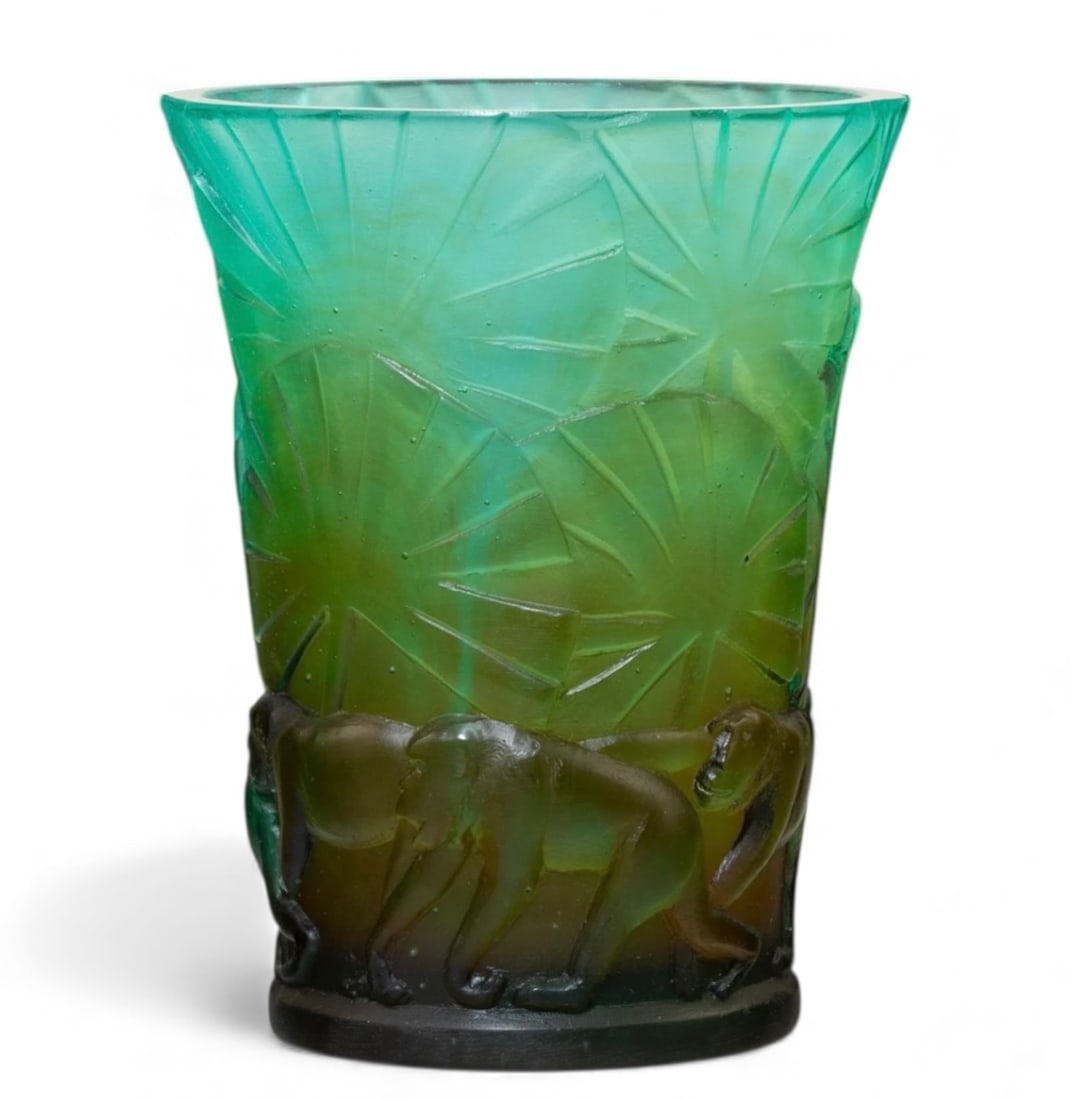 DAUM PATE DE VERRE MONKEY VASE: Measures 6 inches h. In good condition. Estimate $100-1500