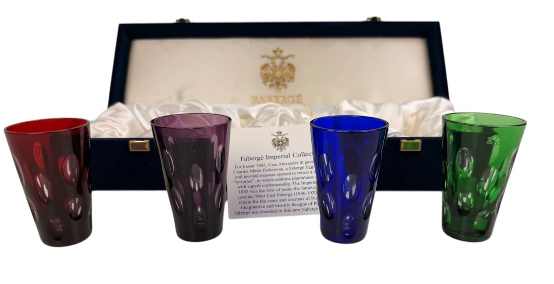 IMPERIAL FABERGE CRYSTAL VODKA SHOTS: All signed FABERGE. In original presentation box. Excellent condition. Estimate $600-800