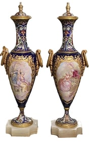 A LARGE PAIR OF SEVRES PORCELAIN AND CHAMPLEVE ENAMEL VASES