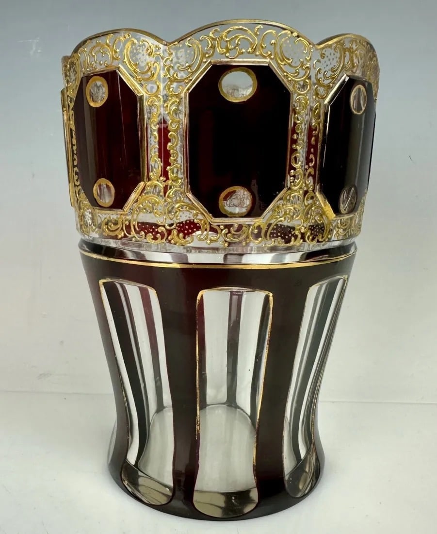 ENAMELLED AND GILT MOSER GLASS VASE: Circa 1900. Measures 6 inches high. In good antique condition. Estimate $300-400