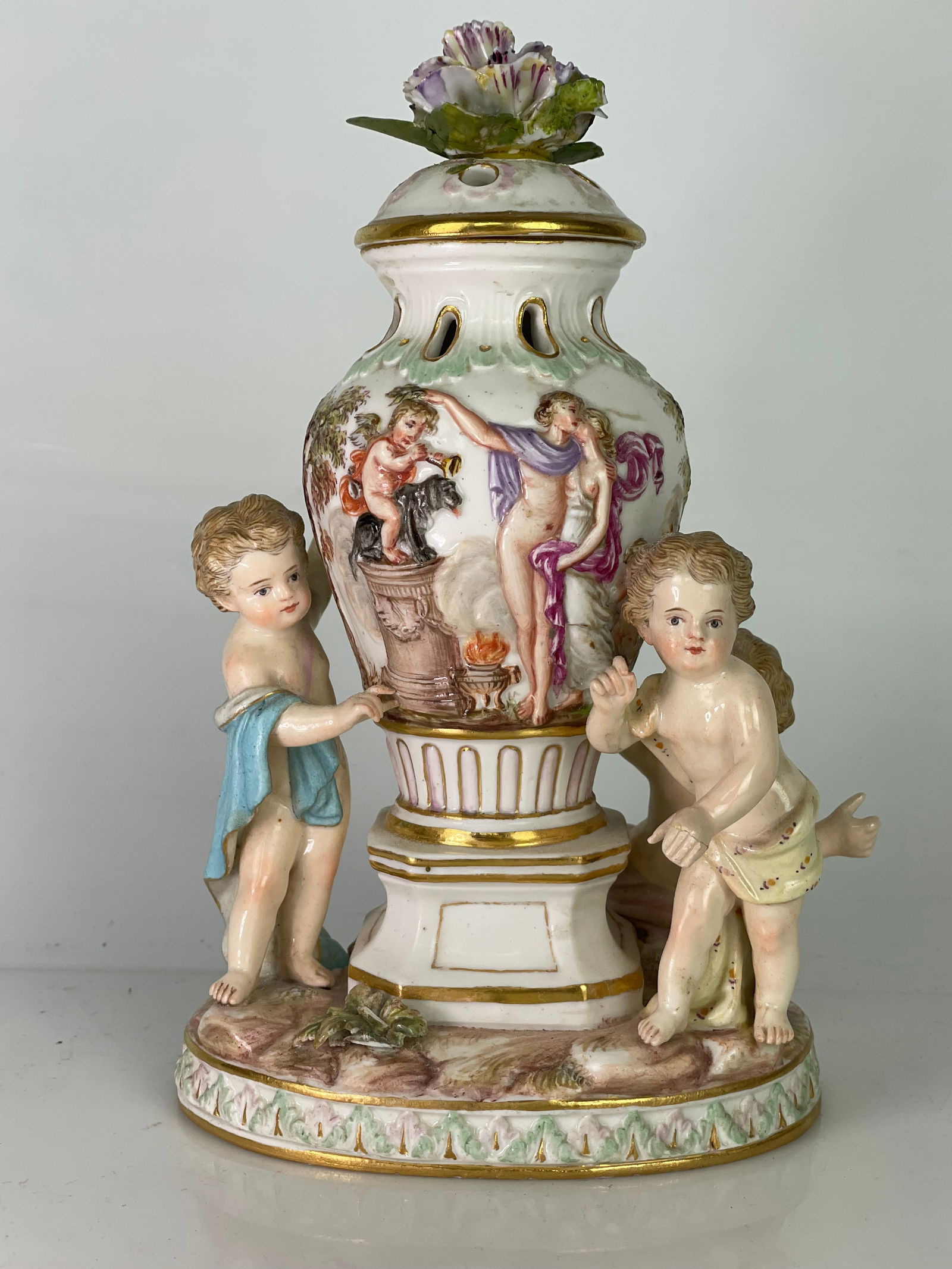 19TH C. MEISSEN VASE AND COVER: First quality cross swords mark. Measuresn 7.5” high. Estimate $700-800