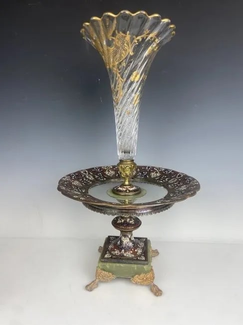 A LARGE CHAMPLEVE ENAMEL AND BACCARAT CRYSTAL CENTREPIECE (1 of 4)