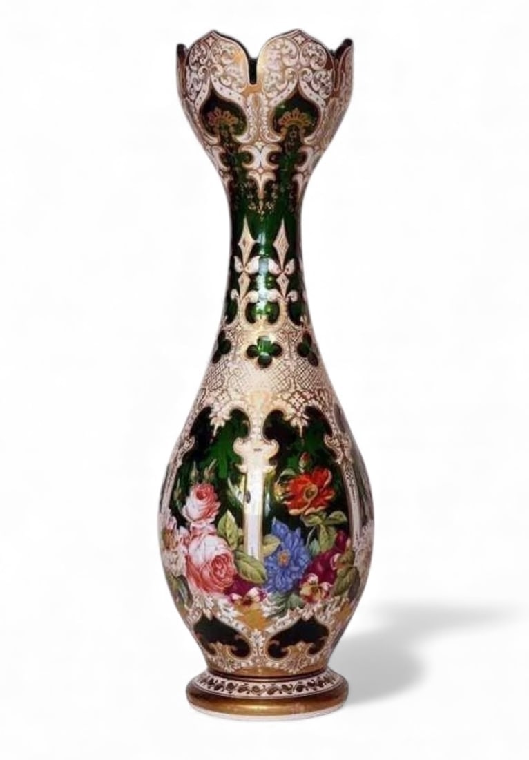 AN IMPOSING BOHEMIAN OVERLAY GLASS VASE: A magnificent Bohemian overlay glass vase, measures 25" , in perfect condition. Estimate $10.000-15.000