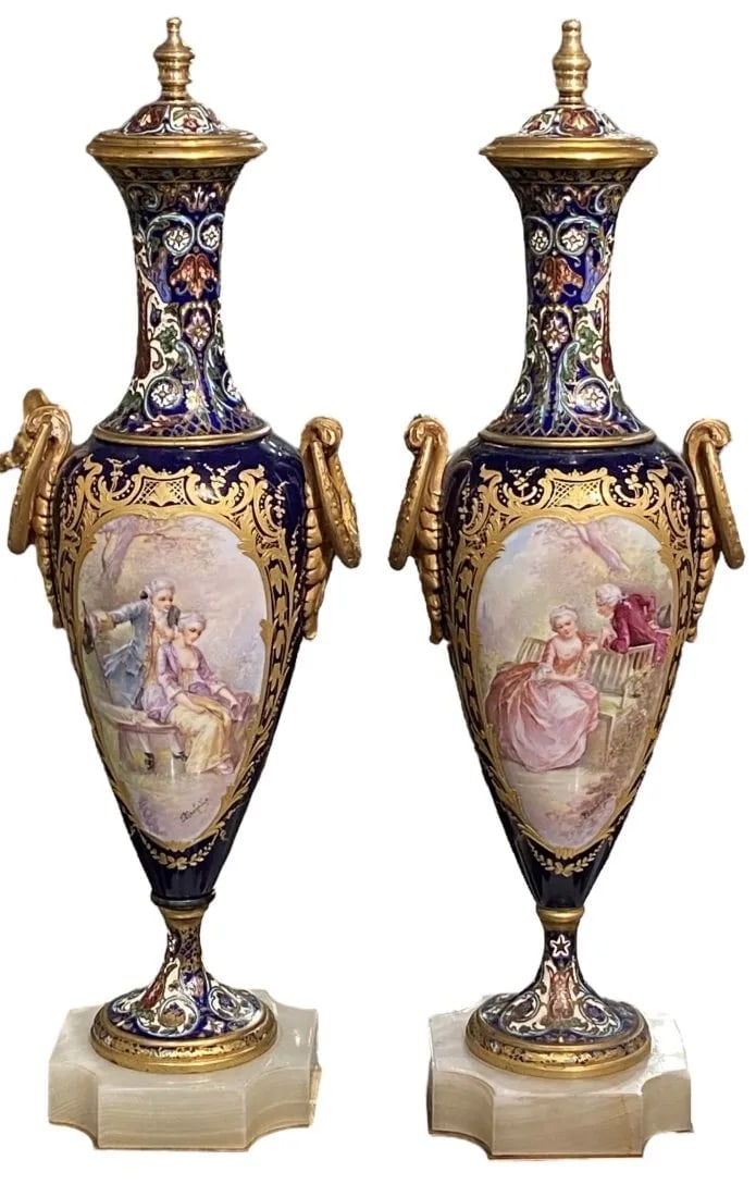 A LARGE PAIR OF SEVRES PORCELAIN AND CHAMPLEVE ENAMEL VASES (1 of 2)