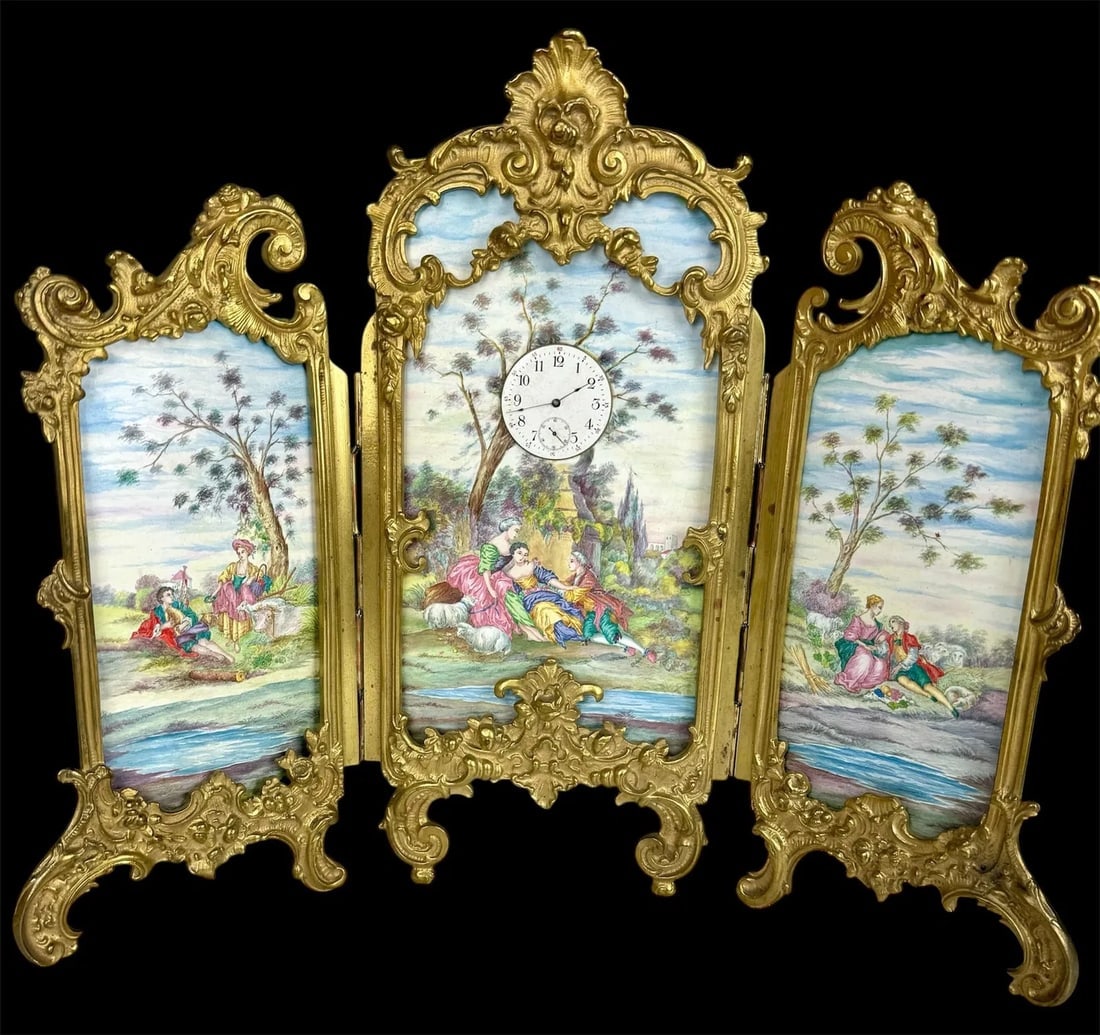 A LARGE AUSTRIAN ENAMEL SCREEN CLOCK: Circa 1900. Measures 17 inches x 17 inches h. Estimate $3000-4000