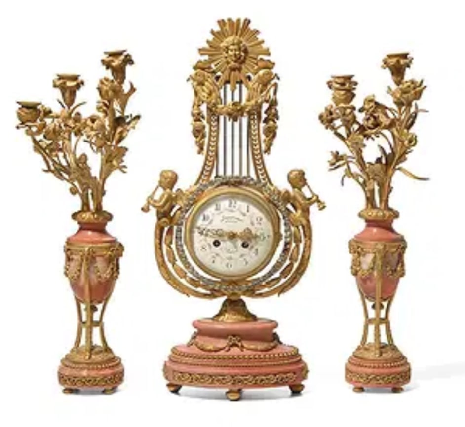 LOUIS XVI STYLE PINK MARBLE AND ORMOLU CLOCK SET CICA 1900 (1 of 1)