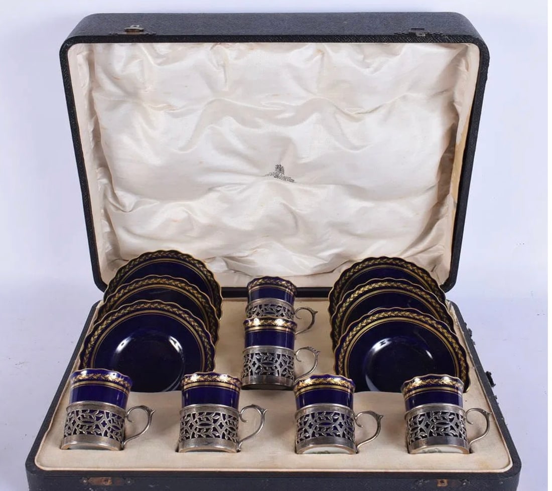 A CASED SET OF SILVER MOUNTED AYNSLEY COFFEE CUPS AND SAUCERS (1 of 3)