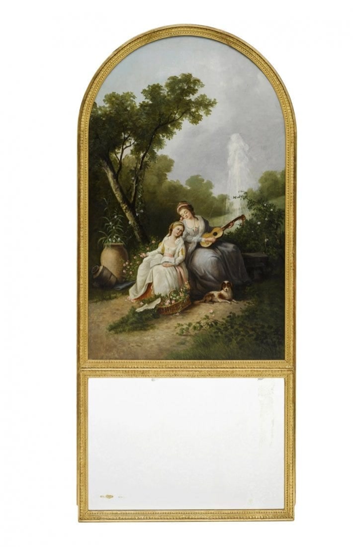 A LOUIS XVI STYLE GILTWOOD TRUMEAUE: Circa 1900. Oil on canvas depicting a leisure scene.Dimensions :height 72in (183cm); width 31 1/2in (80cm).Estimate $1.000-1.200